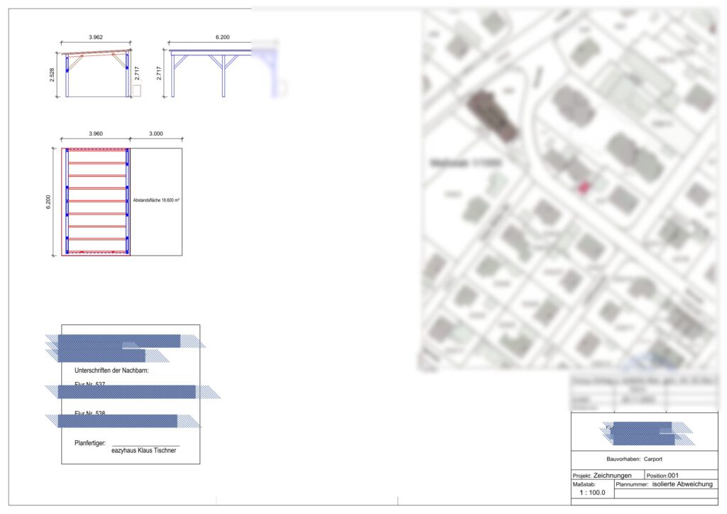 Antrag auf isolierte Abweichung Carport Bayern – Beispiel Bauantrag Lageplan